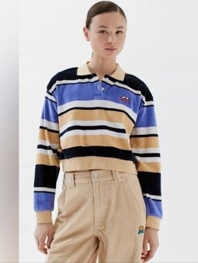 Urban Outfitters OBEY Curious Eyes Blue/Beige Striped Long Sleeve Polo Top Small